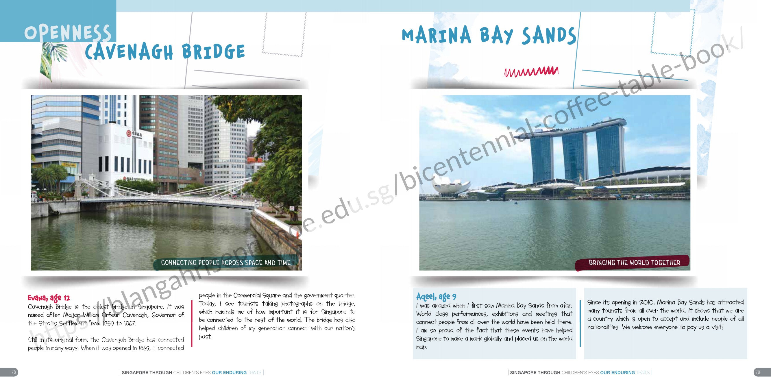 Book spread showing Cavenagh Bridge and Marina Bay Sands in Singapore, with children's written descriptions of each landmark.